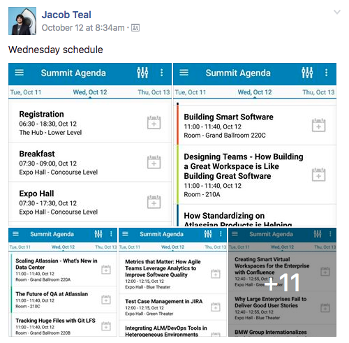 Jacob Teal posting Atlassian Summit Schedule on Workplace by Facebook